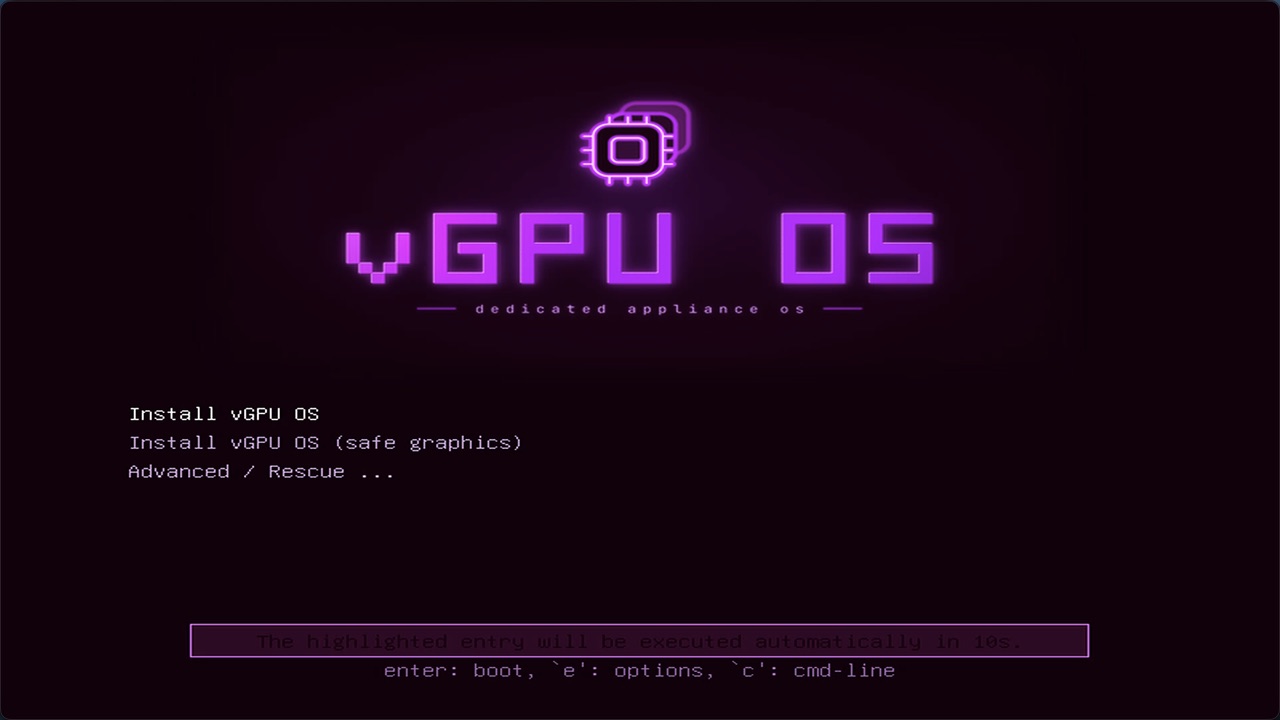 Menu de boot do pendrive do vGPU OS, com o logotipo do chip em roxo, o subtítulo dedicated appliance os e as opções Install vGPU OS, Install vGPU OS (safe graphics) e Advanced / Rescue.